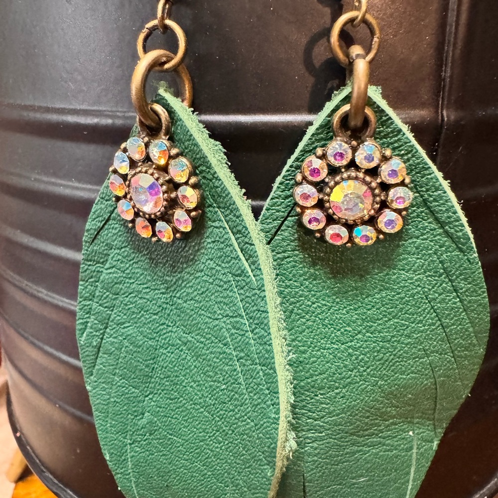 Chic Green Leather Earrings with Crystal Details